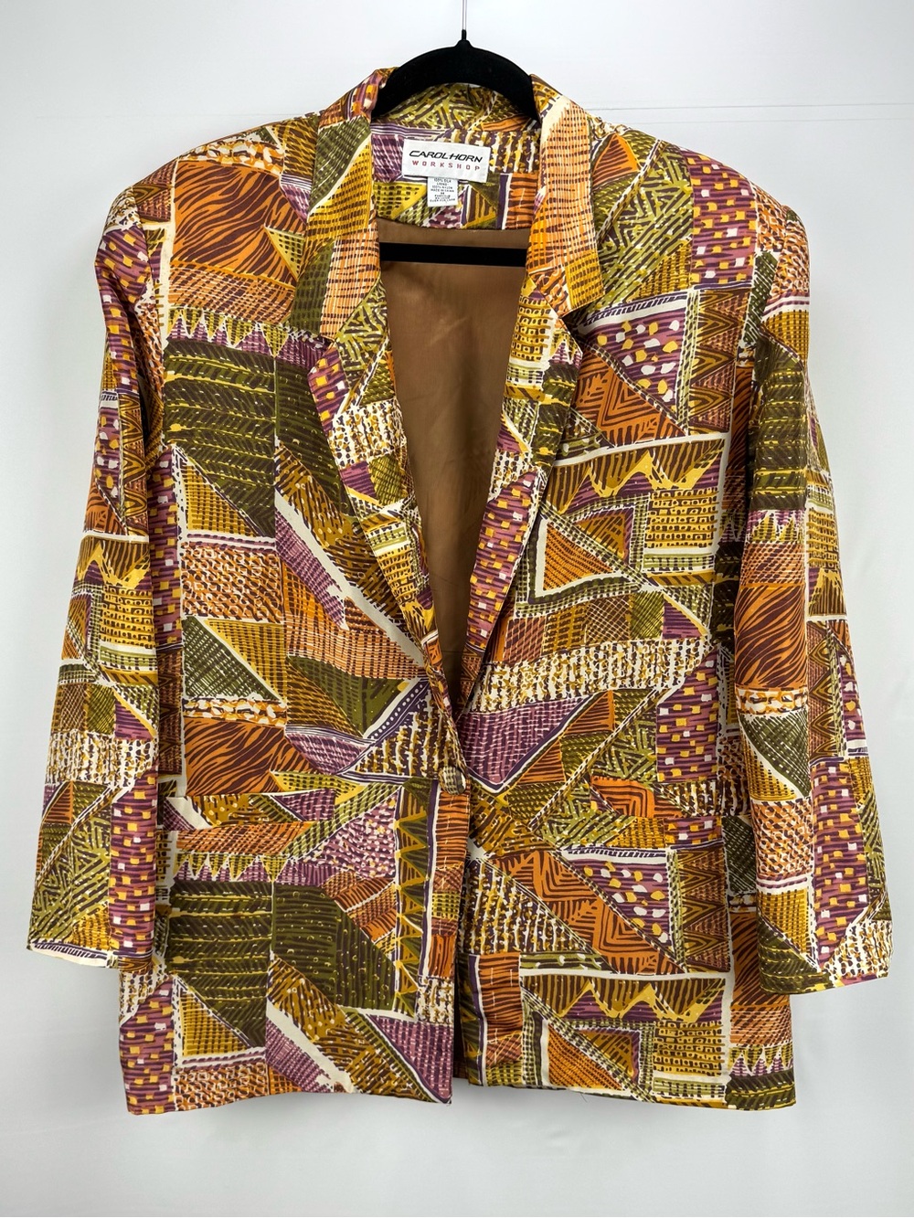 Multicolor Patchwork Tribal Silk Women's Oversized Blazer - Brown/Gold/Olive